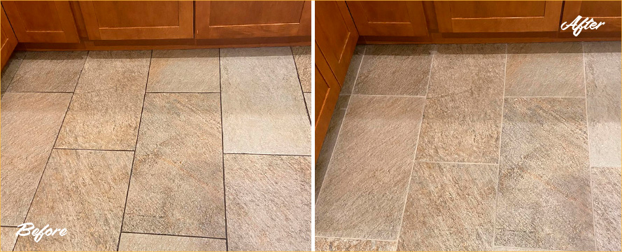 Kitchen Floor Before and After a Grout Cleaning in Memphis