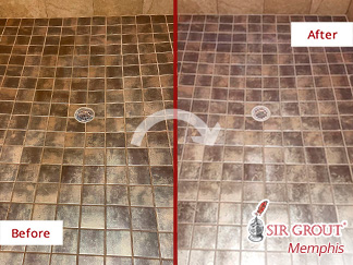 Image of a Shower Floor Before and After a Grout Recoloring in Olive Branch, MS