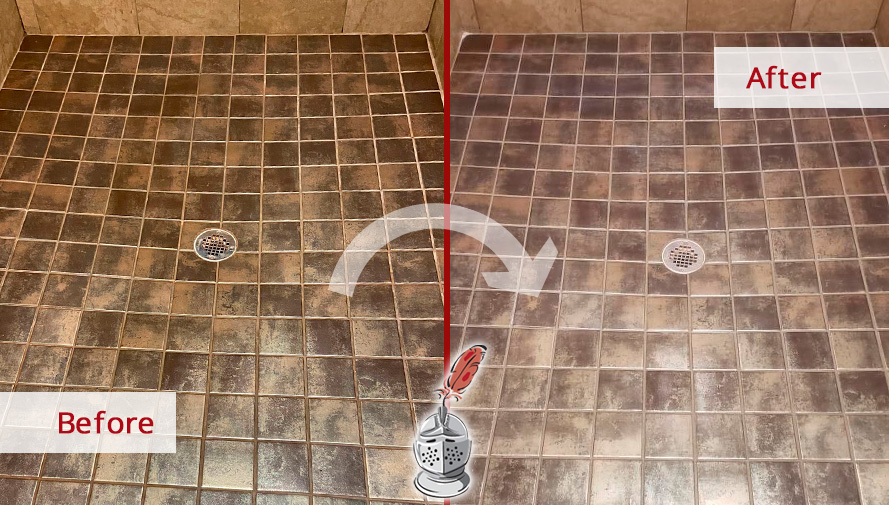 Image of a Shower Floor Before and After a Professional Grout Recoloring in Olive Branch, MS
