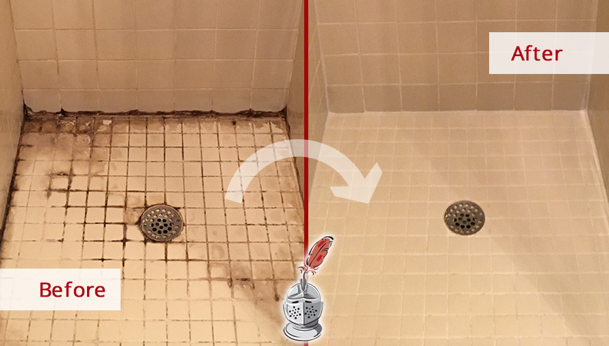Porcelain Shower Floor Before and After Our Tile and Grout Cleaners in Memphis, TN