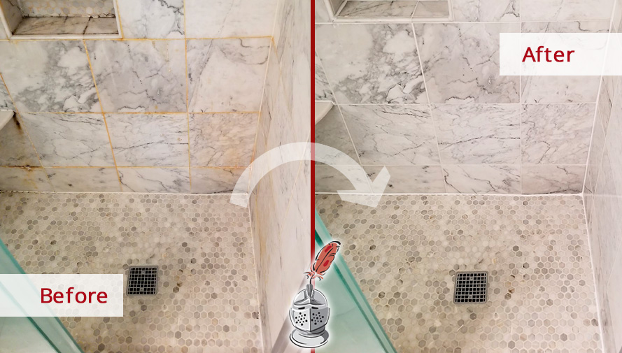 Shower Before and After a Superb Grout Cleaning in Cordova, TN