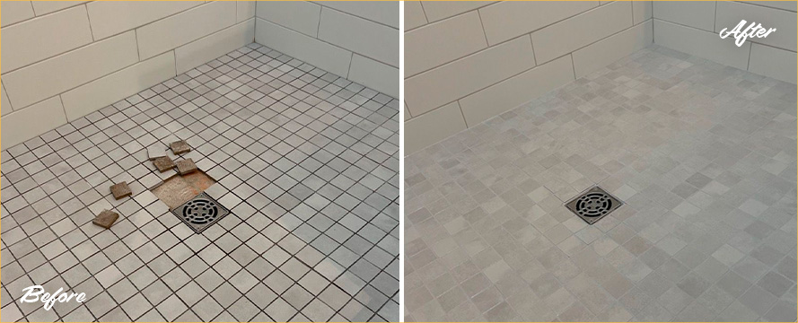 Shower Floor Before and After a Grout Cleaning in Arlington, TN