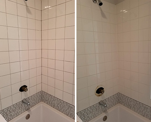 Tile Shower Before and After a Grout Cleaning in Collierville