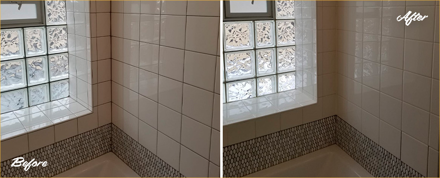 Shower Walls and Glass Block Window Before and After a Grout Cleaning in Collierville