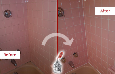 Picture of a Pink Bathtub Area Before and After a Bathroom Recaulking