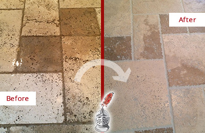 Picture of Travertine Floor and Grout Before and After Cleaning and Sealing to Remove Embedded Dirt
