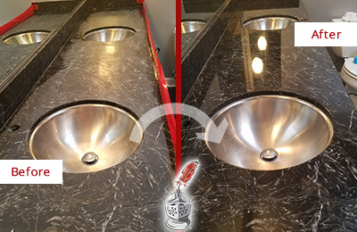 Picture of an Office Restroom's Marble Countertop Before and After Color Enhancement and Restoration