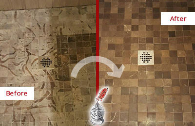 Before and After Picture of Marble Shower Floor Honed and Polished to Remove Etching