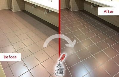 Before and After Picture of a Oakland Restrooms Tile and Grout Cleaned to Remove Embedded Dirt