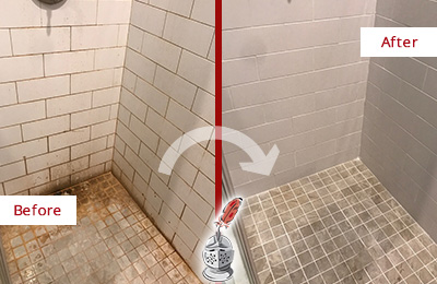 Before and After Picture of a Walls Shower Tile and Grout Cleaned to Eliminate Mold and Stains