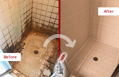 Before and After Picture of a Cordova Shower Tile and Grout Cleaned to Repair Water Damage