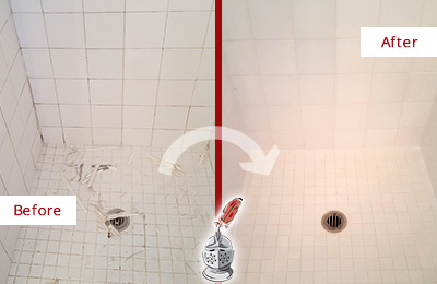 Before and After Picture of a Walls Bathroom Re-Caulked To Repair Damaged Caulking