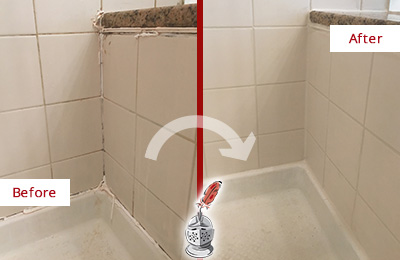 Before and After Picture of a Walls Shower Caulked to Repair Damaged Caulking