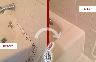 Before and After Picture of a Olive Branch Bathroom Sink Caulked to Fix a DIY Proyect Gone Wrong
