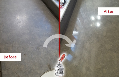 Before and After Picture of a Dull Atoka Limestone Countertop Polished to Recover Its Color