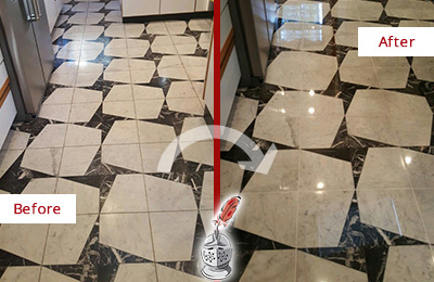 Before and After Picture of a Dull Millington Marble Stone Floor Polished To Recover Its Luster