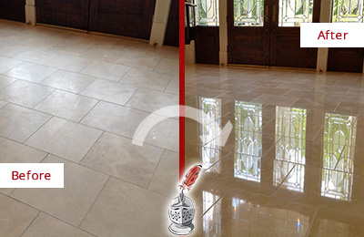 Before and After Picture of a Dull Olive Branch Travertine Stone Floor Polished to Recover Its Gloss