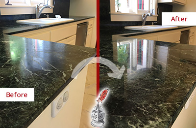 Before and After Picture of a Rossville Marble Stone Counter Polished to Eliminate Water Marks