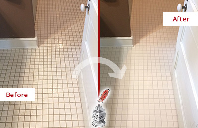Before and After Picture of a Memphis Bathroom Floor Sealed to Protect Against Liquids and Foot Traffic