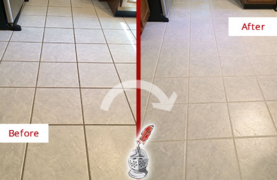 Before and After Picture of a Fisherville Kitchen Ceramic Floor Sealed to Protect From Dirt and Spills