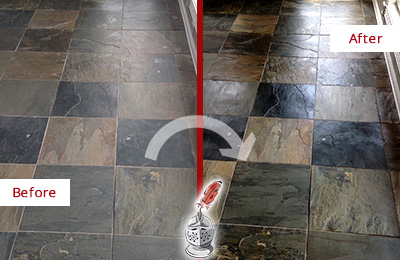 Before and After Picture of a Dull Southaven Slate Floor Sealed to Bring Back Its Colors
