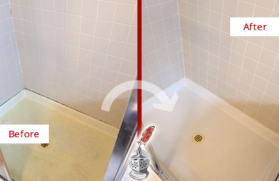 Before and After Picture of a Horn Lake Shower Sealed to Remove and Protect Against Mold