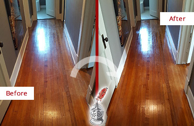 Before and After Picture of a Hernando Wood Deep Cleaning Service on a Floor to Eliminate Scratches