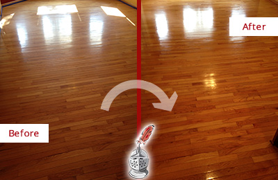 Before and After Picture of a Collierville Wood Deep Cleaning Service on a Room Floor to Remove Scratches