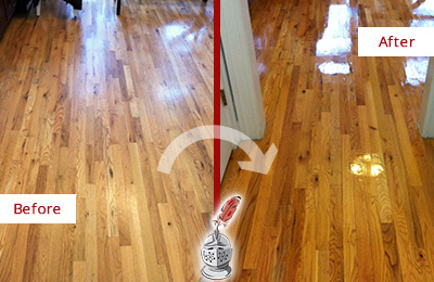 Before and After Picture of a Walls Wood Deep Cleaning Service on a Worn Out Hallway