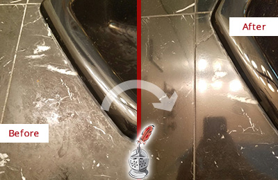 Before and After Picture of a Walls Marble Countertop Cleaned to Remove Deep Dirt
