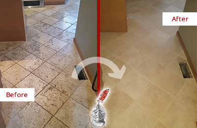 Before and After Picture of a Horn Lake Kitchen Marble Floor Cleaned to Remove Embedded Dirt