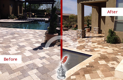 Before and After Picture of a Dull Rossville Travertine Pool Deck Cleaned to Recover Its Original Colors