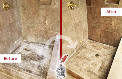 Before and After Picture of a Lakeland Travertine Shower Cleaned to Eliminate Water Spots