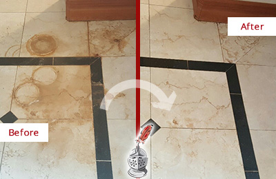 Before and After Picture of a Cordova Marble Floor Cleaned to Eliminate Rust Stains
