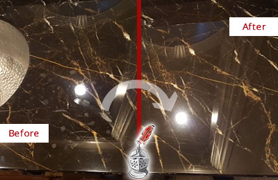 Before and After Picture of a Cordova Marble Countertop Cleaned to Remove Water Spots