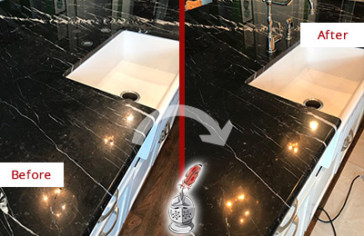 Before and After Picture of a Horn Lake Marble Kitchen Countertop Stone Sealed to Avoid Water Damage