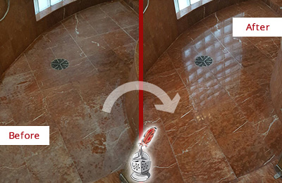 Before and After Picture of Damaged Arlington Marble Floor with Sealed Stone