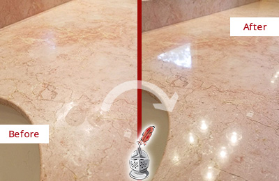 Before and After Picture of a Fisherville Marble Stone Vanity Top Sealed to Avoid Water Marks