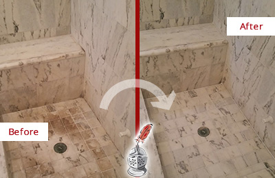Before and After Picture of a Hernando Marble Shower Honed to Remove Dark Stains