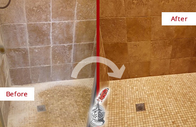 Before and After Picture of a Germantown Travertine Shower Honed to Remove Mineral Deposits