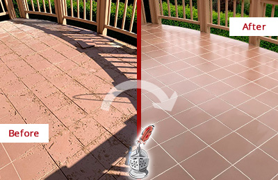 Before and After Picture of a Millington Hard Surface Restoration Service on a Tiled Deck