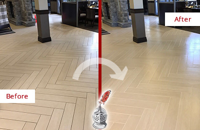 Before and After Picture of a Walls Hard Surface Restoration Service on an Office Lobby Tile Floor to Remove Embedded Dirt