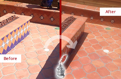 Before and After Picture of a Walls Hard Surface Restoration Service on a Dull Terracotta Patio Floor to Recover Its Color