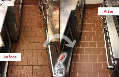 Before and After Picture of a Covington Hard Surface Restoration Service on a Restaurant Kitchen Floor to Eliminate Soil and Grease Build-Up