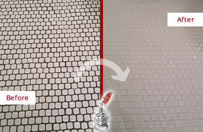 Before and After Picture of a Eads Hard Surface Restoration Service on a Bathroom Tile Floor Recolored to Fix Grout Color