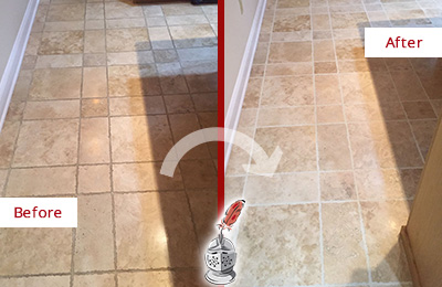 Before and After Picture of Walls Kitchen Floor Grout Cleaned to Recover Its Color