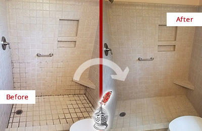 Before and After Picture of a Walls Shower Grout Cleaned to Remove Mold