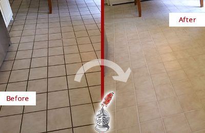 Before and After Picture of a Walls Kitchen Tile Floor with Recolored Grout