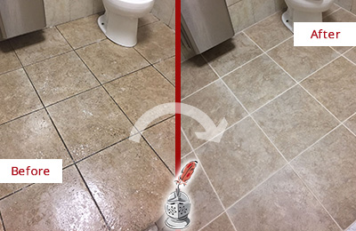 Before and After Picture of a Bartlett Office Restroom Floor Recolored Grout