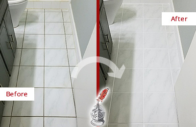 Before and After Picture of a Piperton White Ceramic Tile with Recolored Grout